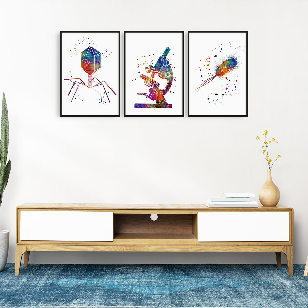 Science Art Microbiology Watercolor Prints Set of 3