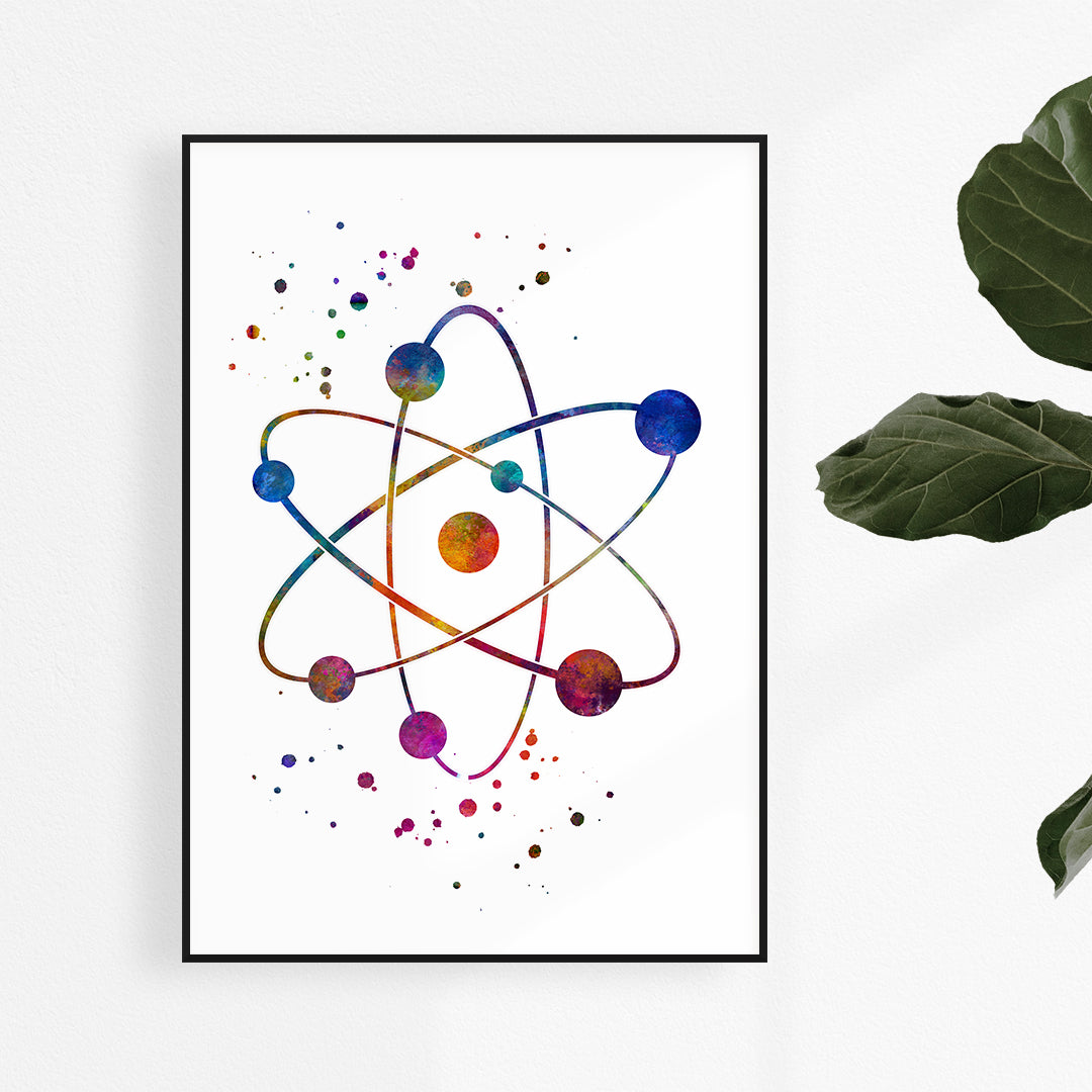Atom Colorful Watercolor Print Chemistry Art