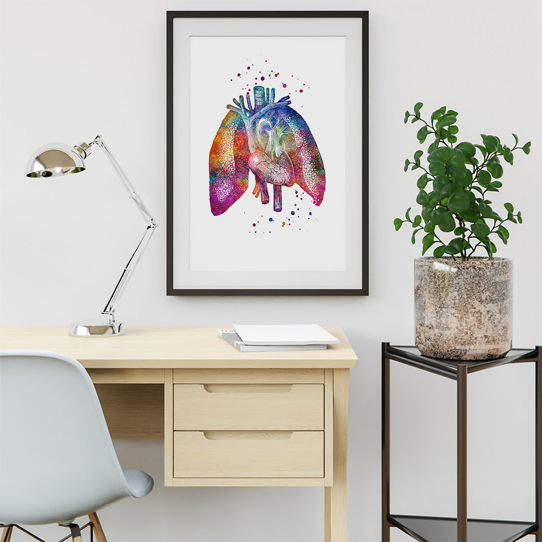 Human Lungs and Heart Anatomy Watercolor Print