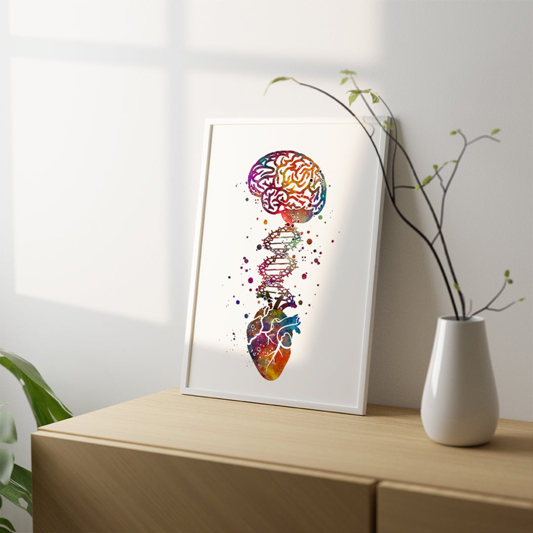 Heart and Brain DNA Connection Watercolor Print