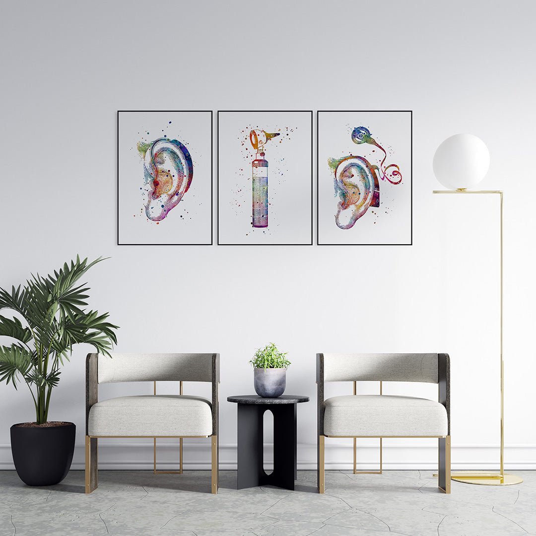 Set of 3 Watercolor Art Prints for Audiologist Office Decor