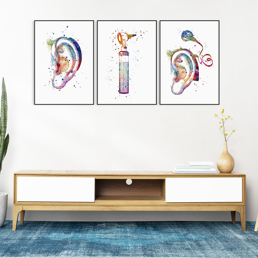 Set of 3 Watercolor Art Prints for Audiologist Office Decor