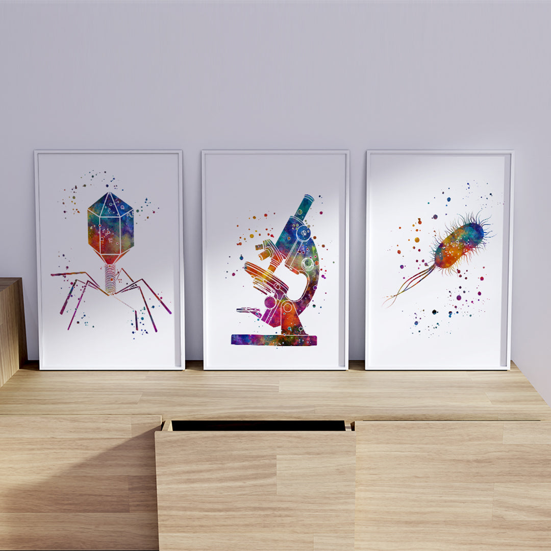Science Art Microbiology Watercolor Prints Set of 3