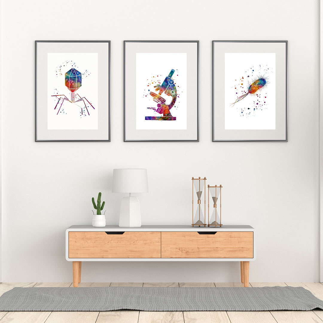 Science Art Microbiology Watercolor Prints Set of 3