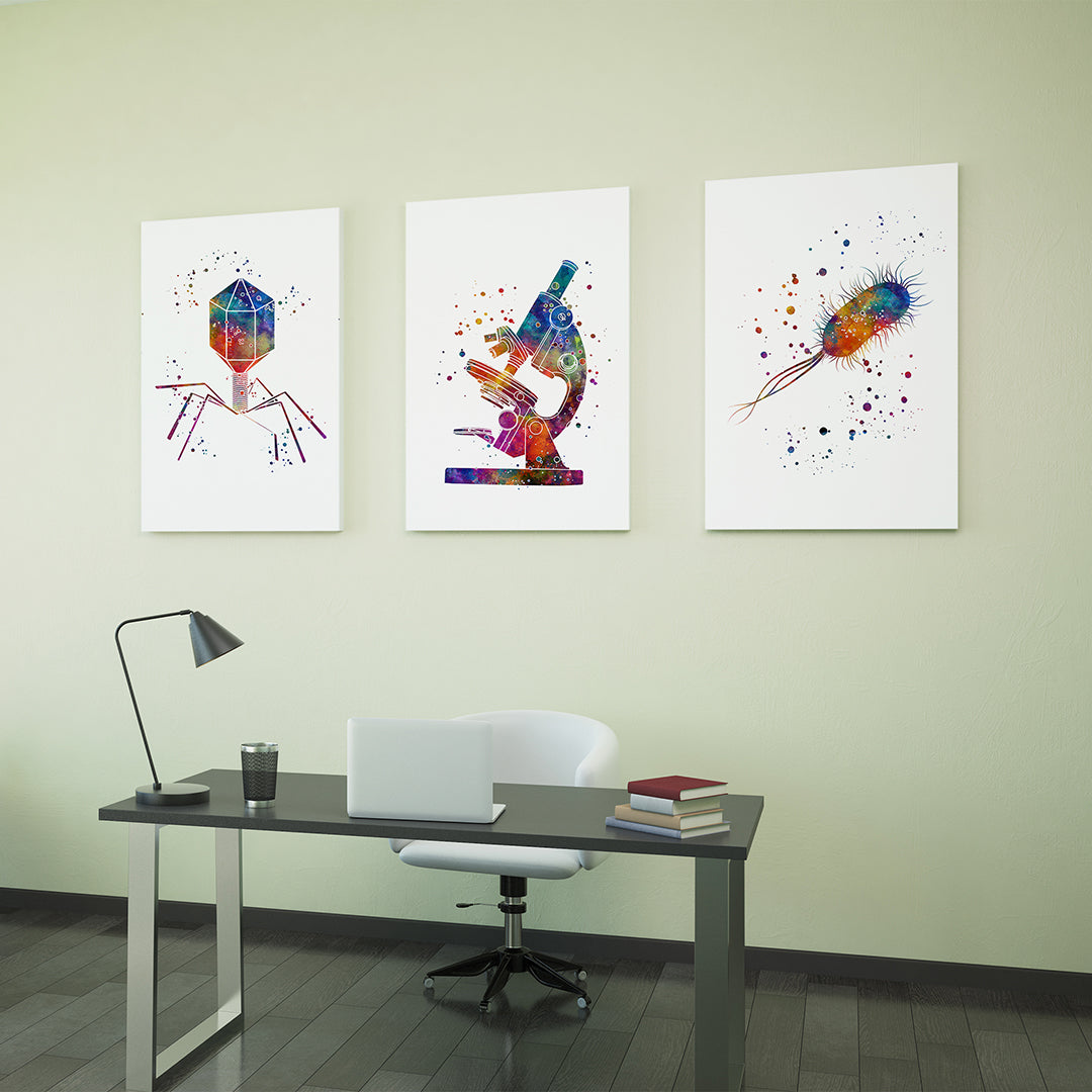 Science Art Microbiology Watercolor Prints Set of 3
