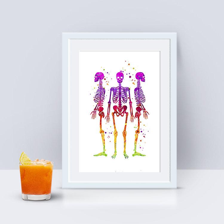 Skeletons Watercolor Art Print Human Anatomy Wall Art